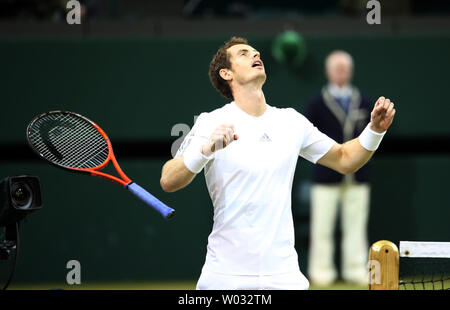Great Britain's Andy Murray celebrates victory over Poland's Jerzy Janowicz on day eleven of the 2013 Wimbledon Championships in London on July 5, 2013.       UPI/Hugo Philpott Stock Photo