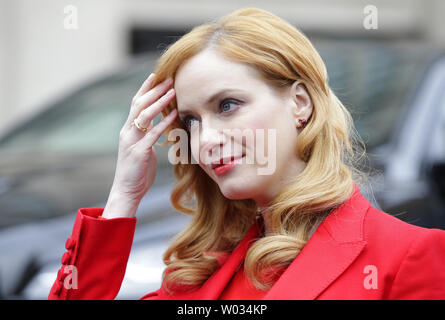 Christina Hendricks joins Jaguar in Manhattan's Flatiron Square on March 31, 2015 to reveal the all-new, 2016 XF sedan, floating above ground to spotlight its aluminum-intensive architecture, prior to its debut at the 2015 New York International Auto Show. First launched in North America in 2008 and receiving a complete redesign for the 2016 model year, the next generation Jaguar XF will be the second Jaguar model to feature the brand's advanced aluminum-intensive architecture and will come to market in fall, 2015. Photo by John Angelillo/UPI Stock Photo