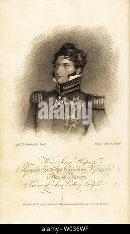 Leopold George Christian Frederick, Duke of Saxony, Prince of Saxe-Coburg-Saalfeld. Copperplate engraving by Henry Meyer after a portrait by Alfred Edward Chalon from Rudolph Ackermann’s Repository of Arts, London, 1816. Stock Photo