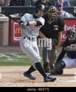 Miami Marlins outfielder Ichiro Suzuki hits a triple in the seventh inning to notch his 3,000 career hit at Coors Field in Denver on August 7, 2016. Ichiro becomes the 30th player in Major League history to record 3,000 hits. Photo by Gary C. Caskey/UPI Stock Photo