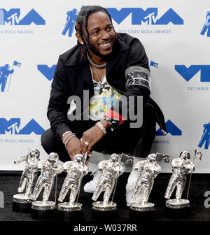 Kendrick Lamar, winner of Video of the Year, Best Hip Hop, Best Cinematography, Best Director, Best Art Direction and Best Visual Effects, appears backstage during the 34th annual MTV Video Music Awards at The Forum in Inglewood, California, on August 27, 2017.  Photo by Jim Ruymen/UPI Stock Photo