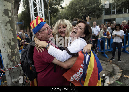 People celebrate the proclamation of a Catalan republic at the Sant Jaume Square in Barcelona in Spain, on October 27, 2017. Catalonia's regional parliament voted to declare independence from Spain today just as the Spanish Parliament voted to impose direct rule on the region from Madrid.  Photo by Xavi Herrero/ UPI Stock Photo