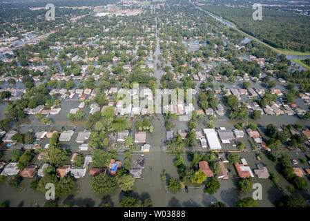 An aerial view of the flooding caused by Hurricane Harvey in Houston, Texas, on August 31, 2017. Hurricane Harvey formed in the Gulf of Mexico and made landfall in southeastern Texas, bringing record flooding and destruction to the region. U.S. military assets supported FEMA as well as state and local authorities in rescue and relief efforts. Photo by Staff Sgt. Daniel J. Martinez/Air National Guard/UPI Stock Photo
