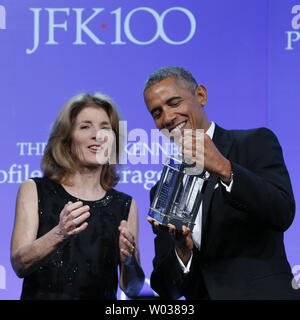 Former U.S. President Barack Obama is presented the 2017 John F. Kennedy Profile In Courage Award by Caroline Kennedy at the John F. Kennedy Library in Boston, Massachusetts on May 7, 2017. Obama is being honored for 'his enduring commitment to democratic ideals and elevating the standard of political courage in a new century,' with specific mention of his expansion of healthcare options, his leadership on confronting climate change and his restoration of diplomatic relations with Cuba. Photo by CJ Gunther/UPI Stock Photo