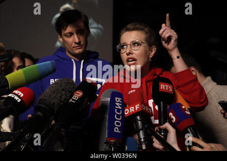 Russian Presidential hopeful Ksenia Sobchak talks to the media at her last campaign event in Moscow on March 15, 2018, two days ahead of presidential elections in Russia. Photo by Yuri Gripas/UPI Stock Photo