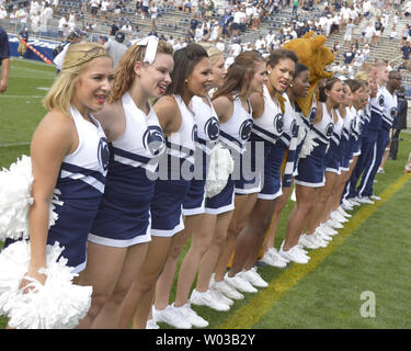 Penn State Nittany Lion Mascot and Cheerleaders line up on the goal line to sing following the 24-14 Ohio win at Beaver Stadium in University Park, PA on September 1, 2012.    UPI/Archie Carpenter Stock Photo