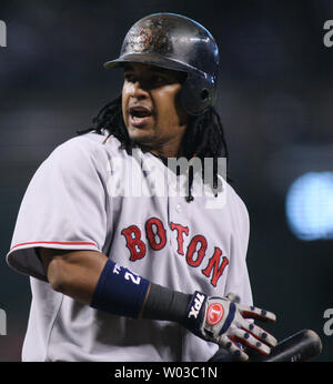 Boston Red Sox's Manny Ramirez looks back to make sure it was ball four during the first inning against the Arizona Diamondbacks at Chase Field in Phoenix on June 10, 2007.  (UPI Photo/Art Foxall) Stock Photo