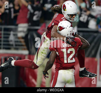 Arizona Cardinals Larry Fitzgerald (TOP) jumps on John Brown after Brown scored the game winning touchdown in the fourth quarter of the Cardinals-Philadelphia Eagles game at the University of Phoenix Stadium in Glendale, Arizona on October 26, 2014. The Cardinals defeated the Eagles 24-20. UPI/Art Foxall Stock Photo