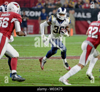 Los Angeles Rams' Todd Gurley II looks for running room in the fourth quarter against the Arizona Cardinals at University of Phoenix Stadium in Glendale, Arizona December 3, 2017. The Rams defeated the Cardinals 32-16.  Photo by Art Foxall/UPI Stock Photo
