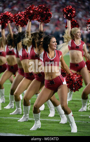 Arizona Cardinals cheerleaders perform during the Cardinals-San Francisco 49ers game at State Farm Stadium in Glendale, Arizona on October 28, 2018. The Cardinals defeated the 49ers 18-15.  Photo by Art Foxall/UPI Stock Photo