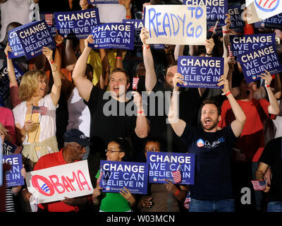 Barack Obama supporters cheer as the Democratic presidential candidate delivers election night remarks after winning the North Carolina Primary at the North Carolina State University in Raleigh on May 6, 2008. Both North Carolina and Indiana held primaries today. (UPI Photo/Kevin Dietsch) Stock Photo