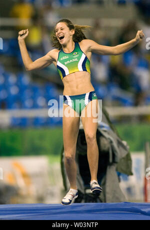 Brazil's Fabiana Murer celebrates a new Pan Am Games record, winning gold with a jump of 4.60m in women's pole vault final during the 2007 Pan Am Games in Rio de Janeiro, Brazil on July 23, 2007.  (UPI Photo/Heinz Ruckemann) Stock Photo