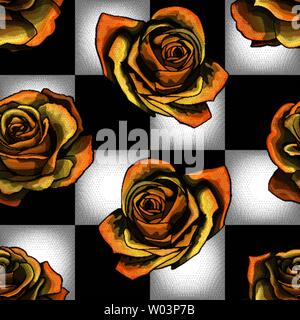 Golden roses on chessboard background. Vector seamless pattern Stock Vector