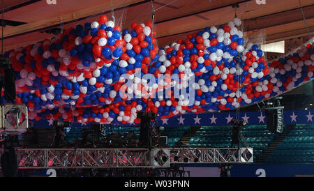 Thousands of balloons hang from the ceiling at Madison Square Garden the day before the start of the Republican National Convention in New York on Aug. 29, 2004. The convention hopes the balloons will fall at the right time, after they failed to fall on cue at the Democratic National Convention last month.   (UPI Photo/Roger L. Wollenberg) Stock Photo