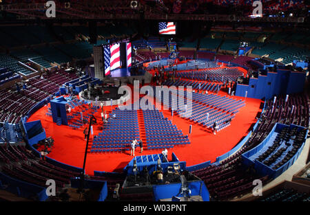 Workers put the final touches on Madison Square Garden the day before the start of the Republican National Convention in New York on Aug. 29, 2004. The convention will run from Monday, Aug. 30, through Thursday, Sept. 2.   (UPI Photo/Roger L. Wollenberg) Stock Photo