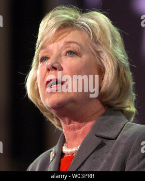 Rep. Deborah Pryce, Ohio, addresses the delegates on day one of the Republican National Convention at Madison Square Garden in New York on Aug. 30, 2004.    (Greg Whitesell/UPI Photo) Stock Photo