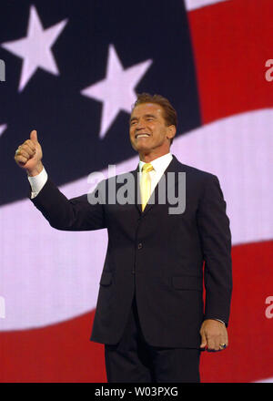 Calif. Gov. Arnold Schwarzenegger addresses the delegations during the third session of the Republican National Convention, at Madison Square Garden in New York, on Aug. 31, 2004.    (UPI Photo/Greg Whitesell) Stock Photo