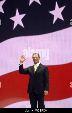 Calif. Gov. Arnold Schwarzenegger addresses the delegations during the third session of the Republican National Convention, at Madison Square Garden in New York, on Aug. 31, 2004.    (UPI Photo/Greg Whitesell) Stock Photo