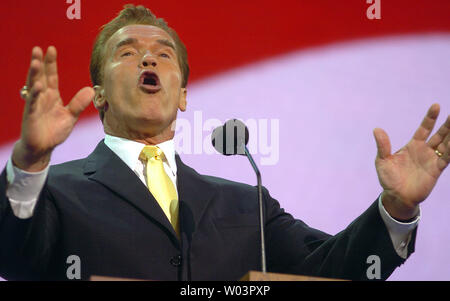 Calif. Gov. Arnold Schwarzenegger addresses the delegations during the third session of the Republican National Convention, at Madison Square Garden in New York, on Aug. 31, 2004.    (UPI Photo/Greg Whitesell) Stock Photo