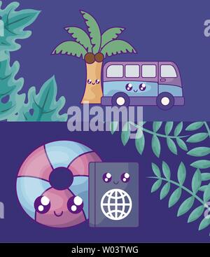 summer label with van car and icons kawaii vector illustration design Stock Vector