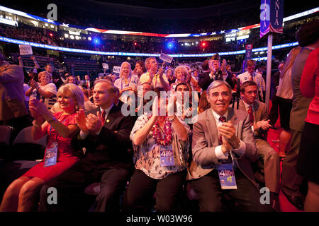 Delegates applaud during the final session before naming Mitt Romney as their nominee for President at the 2012 Republican National Convention at the Tampa Bay Times Forum in Tampa on August 30, 2012.   UPI/Mark Wallheiser Stock Photo
