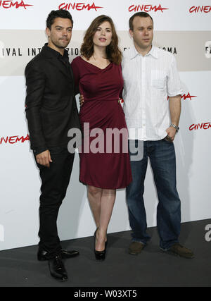 Actor Dominic Cooper (L), actress Hayley Atwell (C) and director Saul Dibb arrive at a photocall for the film 'The Duchess' during the Rome International Film Festival in Rome on October 25, 2008.   (UPI Photo/David Silpa) Stock Photo