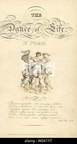 Title page with calligraphic title and vignette of woman dancing with children. Handcoloured copperplate engraving after an illustration by Thomas Rowlandson from William Coombe’s The Dance of Life, Rudolph Ackermann, London, 1817. Stock Photo