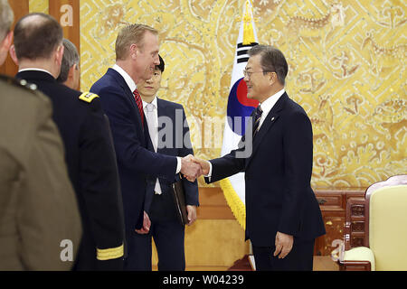 Seoul, South Korea. 3rd June, 2019. South Korean President Moon Jae-in, right, shakes hands with acting U.S. Secretary of Defense Patrick Shanahan during a meeting at the presidential Blue House. Shanahan arrived in Seoul on Sunday for a two-day visit to discuss the situation on the Korean Peninsula and ways to boost the alliance between the two countries. Credit: Zuma Press/ZUMA Wire/Alamy Live News