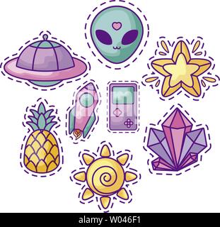 patch of unidentified flying object and set patches vector illustration design Stock Vector