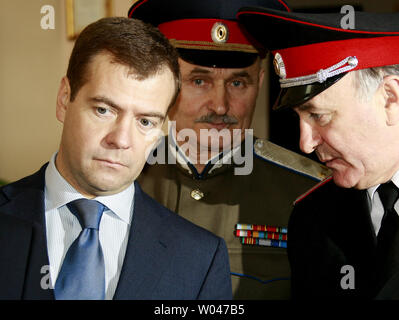 Russian First Deputy Prime Minister and top presidential candidate Dmitry Medvedev (L) visits a Cossack cadet corps in Rostov-on-Don in southern Russia on February 1, 2008. (UPI Photo/Anatoli Zhdanov) Stock Photo