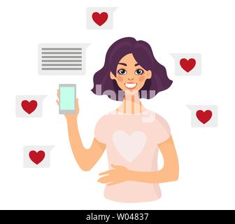The concept of virtual communication social networks. The girl with the smartphone smiles and receives messages and likes. Vector illustration in cartoon style. Stock Vector