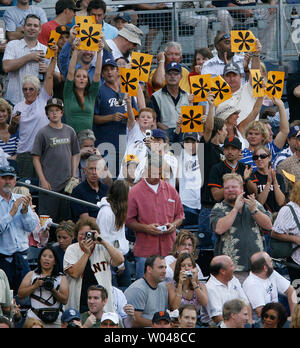 Fans hold up asterik signs as San Francisco Giants batter Barry Bonds comes to the plate in the first inning at Petco Park in San Diego on August 3, 2007.    (UPI Photo/Gary C. Caskey) Stock Photo