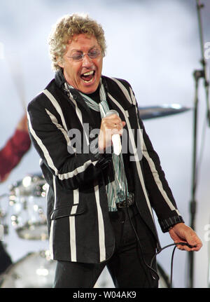 Roger Daltrey and the Who perform during halftime at Super Bowl XLIV between the Indianapolis Colts and the New Orleans Saints at Sun Life stadium in Miami on February 7, 2010.  UPI/Michael Bush Stock Photo