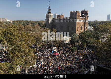 People gather to celebrate the proclamation of a Catalan republic at the Sant Jaume Square in Barcelona in Spain, on October 27, 2017. Catalonia's regional parliament voted to declare independence from Spain today just as the Spanish Parliament voted to impose direct rule on the region from Madrid.   Photo by Xavi Herrero/ UPI Stock Photo