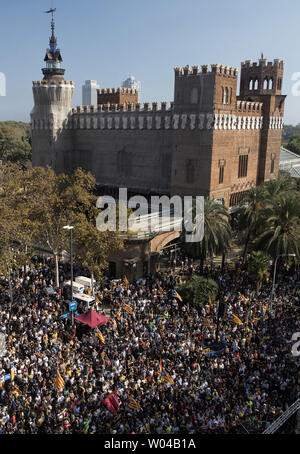 People gather to celebrate the proclamation of a Catalan republic at the Sant Jaume Square in Barcelona in Spain, on October 27, 2017. Catalonia's regional parliament voted to declare independence from Spain today just as the Spanish Parliament voted to impose direct rule on the region from Madrid.   Photo by Xavi Herrero/ UPI Stock Photo