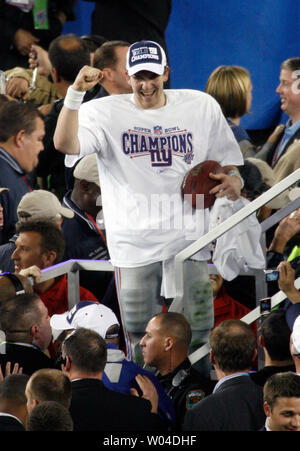 New York Giants and MVP quarterback Eli Manning celebrates after