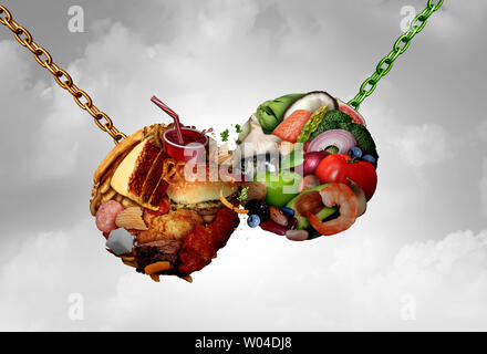 Nutrition fight food concept as fresh healthy organic ingredients fighting unhealthy fast food as a battle fighting meal choices with 3D illustration Stock Photo