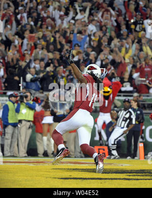 Wide Receiver Larry Fitzgerald celebrates a touchdown reception during the Arizona Cardinals Super Bowl XLIII game against the Pittsburgh Steelers at Raymond James Stadium in Tampa Florida. The Steele...