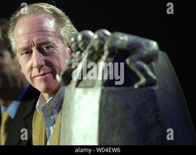 Archie Manning, father of Indianapolis Colts quarterback Peyton Manning and former New Orleans Saints quarterback himself, looks over the trophy during a news conference naming the New Orleans Saints offensive line as the first Madden Most Valuable Protectors at the Media Center in Ft. Lauderdale on February 3, 2010. Super Bowl XLIV will feature the Indianapolis Colts and New Orleans Saints on Sunday, February 7.    UPI/Roger L. Wollenberg Stock Photo