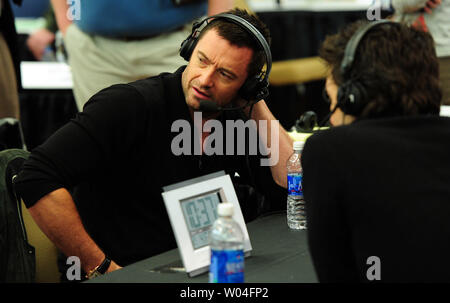 Actor Hugh Jackman is interviewed on Radio Row at the Super Bowl XLV Media Center in Dallas, Texas, on February 4, 2011. Hugh Jackman studied boxing with Sugar Ray Leonard for his upcoming movie 'Real Steel.'   UPI/Rob Hobson Stock Photo