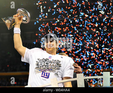 New York Giants and MVP quarterback Eli Manning celebrates after