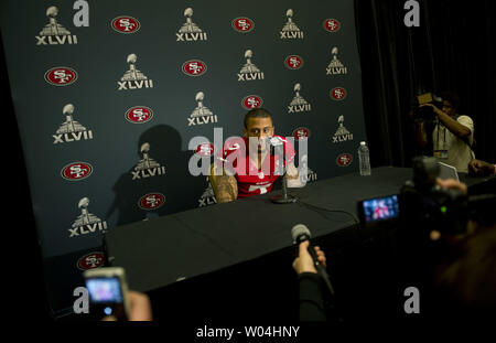 San Francisco 49ers quarterback Colin Kaepernick speaks to the press during a media availability at the team hotel prior to Super Bowl XLVII in New Orleans on January 31, 2013.  The 49ers will play the Baltimore Ravens in Super Bowl XLVII on February 3, 2013.  UPI/Kevin Dietsch Stock Photo