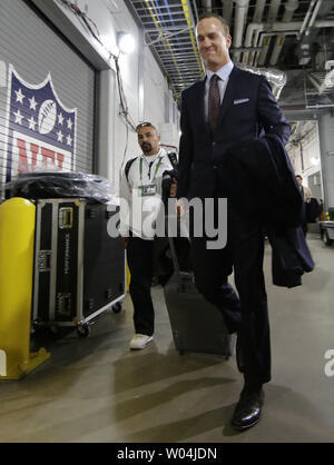 Denver Broncos quarterback, League MVP and Offensive Player of the year, Peyton Manning arrives for Super Bowl XLVIII at MetLife Stadium in East Rutherford, New Jersey on February 2, 2014.  MetLife Stadium hosts the NFL's first outdoor cold weather Super Bowl.   UPI/John Angelillo Stock Photo