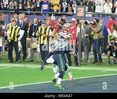 New England Patriots Julian Edelman levitates after catching a Tom Brady  pass for a three yard TD against the Seattle Seahawks in the fourth quarter  of Super Bowl XLIX at University of