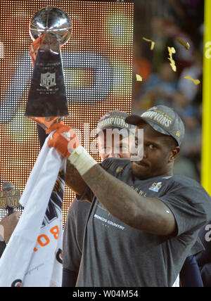 Super Bowl MVP Denver Broncos linebacker Von Miller raises the Lombardi ...