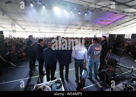 David Diehl, Ron Rivera, Mark Teixeira, John Lynch, Mike Greenberg and Mike Golic talk on the stage at the Wheels Up Super Saturday Tailgate event on the eve of Super Bowl LI in Houston, Texas on February 4, 2017. The New England Patriots will play the Atlanta Falcons in Super Bowl LI on Sunday at NRG Stadium.       Photo by John Angelillo/UPI Stock Photo