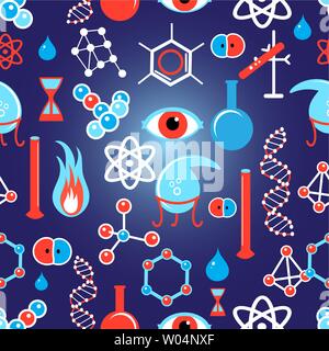 Seamless graphic pattern of chemical formulas and elements. Template for wallpaper, poster or book cover. Stock Vector