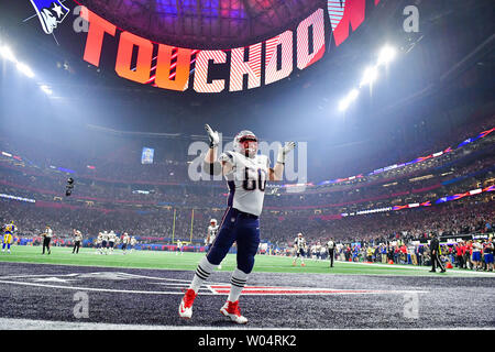 New England Patriots center David Andrews (60) celebrates a touchdown by teammate Sony Michel (not pictured) in the fourth quarter of Super Bowl LIII against the Los Angeles Rams at Mercedes-Benz Stadium on February 3, 2019 in Atlanta.  Photo by Kevin Dietsch/UPI Stock Photo