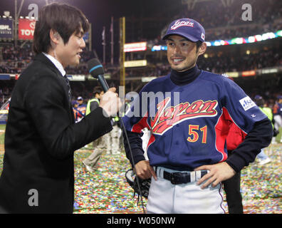 Seattle Mariners right fielder Ichiro Suzuki, playing for Japan in the  World Baseball Classic, speaks with reporters during practice at Angel  Stadium in Anaheim, California on March 11, 2006. Japan will face