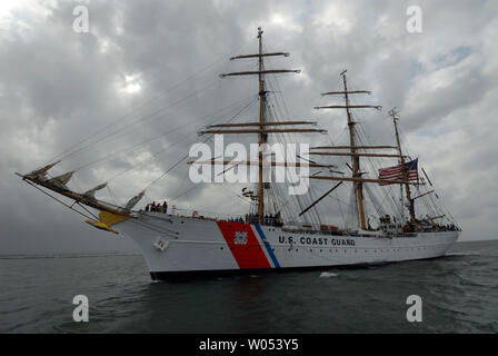 The United States Coast Guard's Tall Ship Eagle pulls into San Diego bay May 23, 2008 during a west coast visit. The Eagle, the only square-rigged sailing ship in United States government service, was originally commissioned the Horst Wessel in 1936 by Nazi Germany where it was one of three training ships used to train navy cadets.  Taken as a war prize by the United States in 1946 and renamed, the Eagle now allows the Coast Guard's future officers to apply the navigation, engineering, and leadership training they receive in classes at the Coast Guard Academy to real-life challenges on the sea Stock Photo